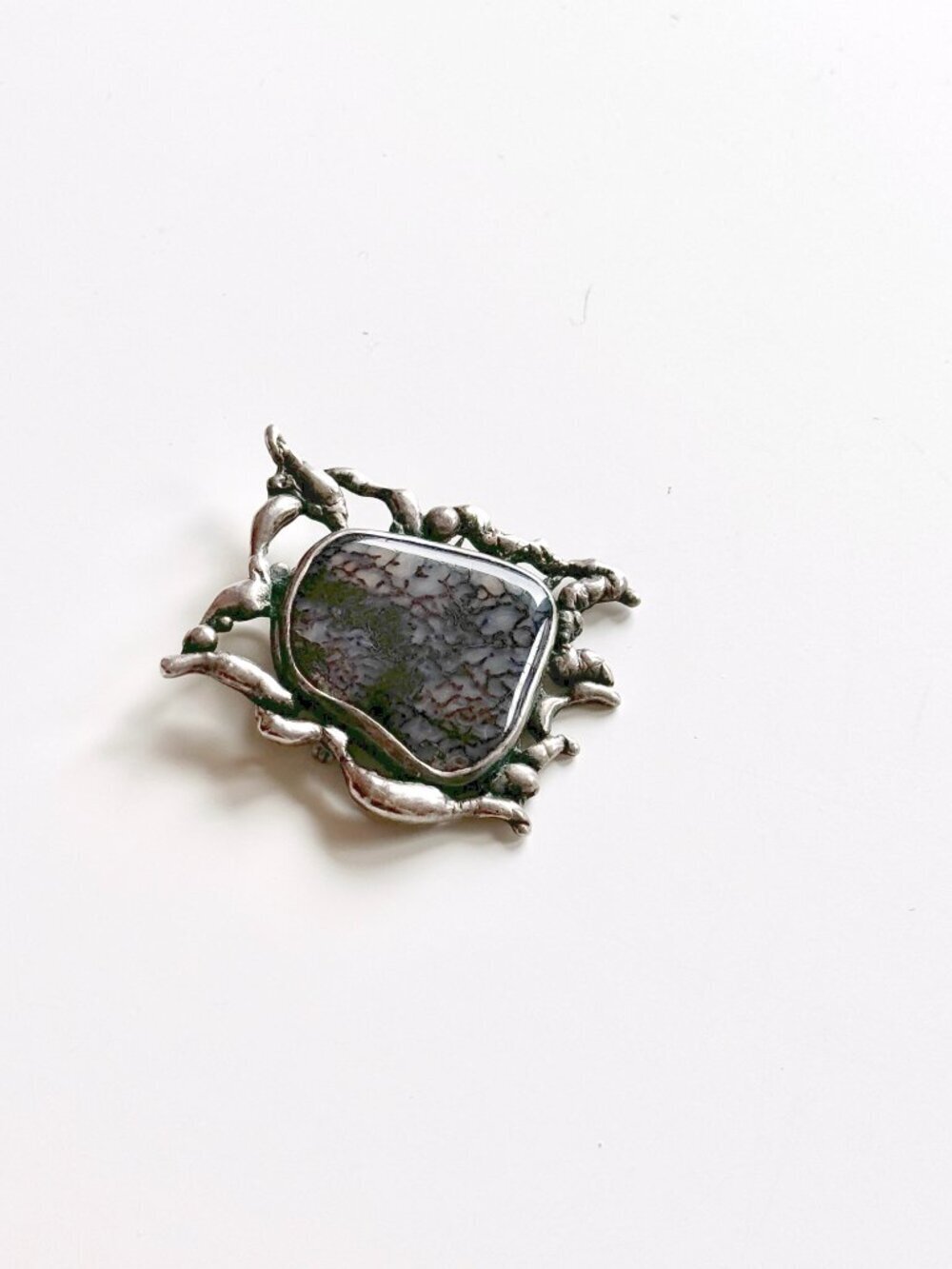 Vintage MK Sterling Silver Brutalist Modernist Purple Agate Brooch Pendant - Picture 5 of 15